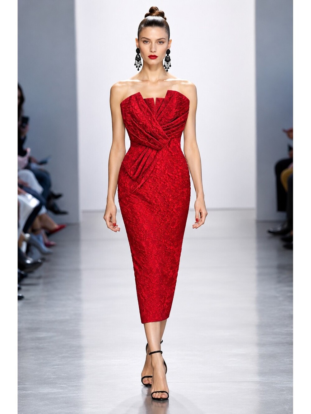 Badgley Mischka Sz 4 Red Jacquard Cocktail Midi Dress Draped $550 Runway Sample